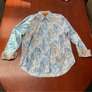 Robert Graham Guy Fieri White Blue Paisley Long Button Shirt Long Sleeve Men 2XL